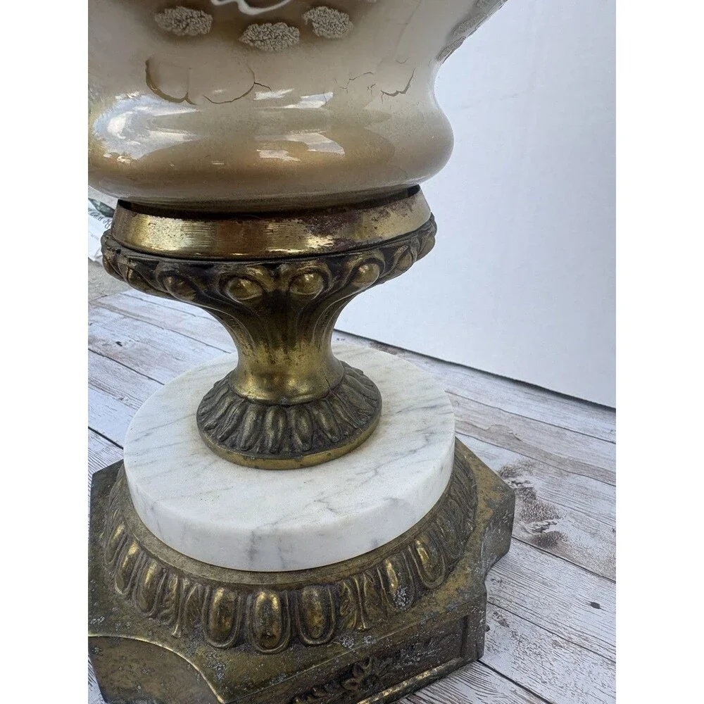 VTG MCM Hollywood Regency Brass Cherub Lamp Iridescent Glass Marble Base Tall